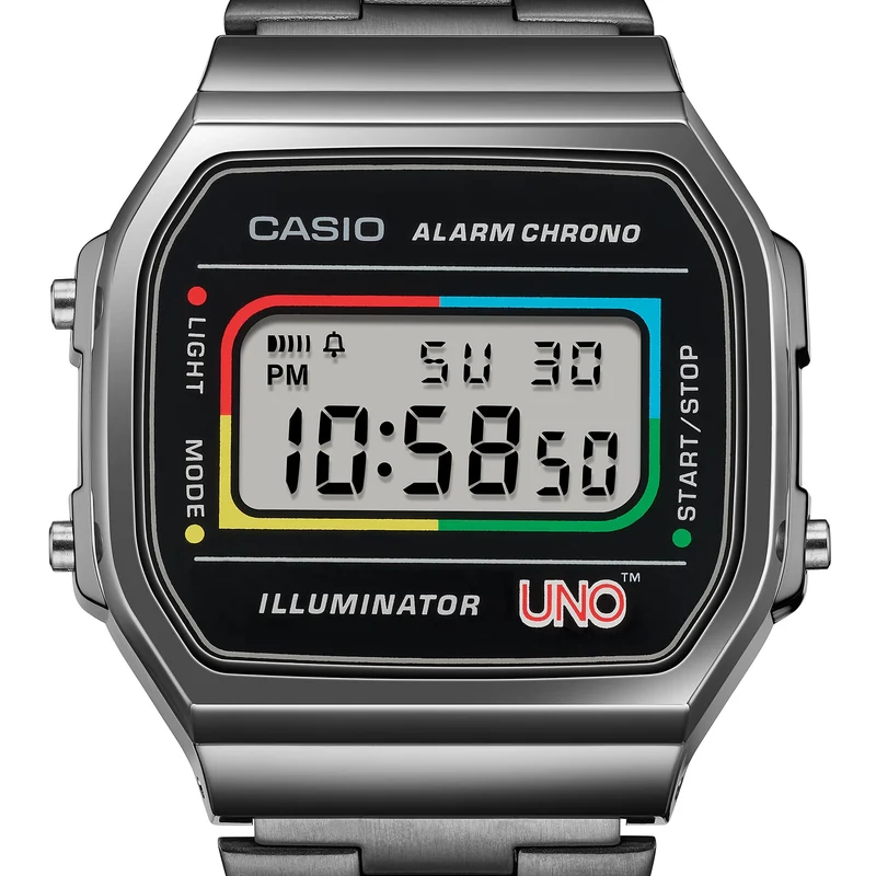 Casio A168WEUC-1AER Vintage Unisex Armbanduhr • UNO Special Edition • EL-Hintergrundbeleuchtung