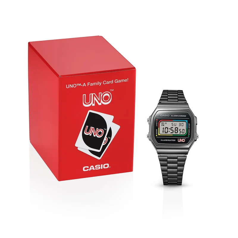 Casio A168WEUC-1AER Vintage Unisex Armbanduhr • UNO Special Edition • EL-Hintergrundbeleuchtung