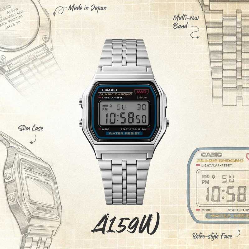 Casio Vintage A159WE-1EF Armbanduhr Silber • Edelstahlarmband • LED-Beleuchtung
