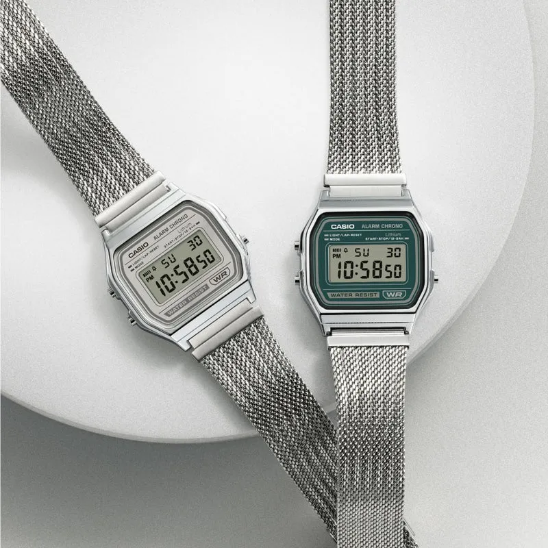 Casio Vintage A158WEM-7EF Armbanduhr Grün • Mesh-Armband • Digitalanzeige