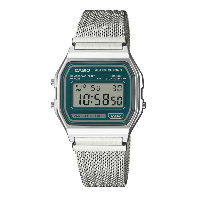 Casio Vintage A158WEM-3EF Armbanduhr Grün • Mesh-Armband • Stoppuhr