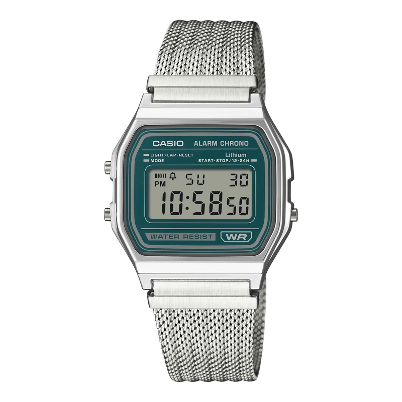Casio Vintage A158WEM-3EF Armbanduhr Grün • Mesh-Armband • Stoppuhr