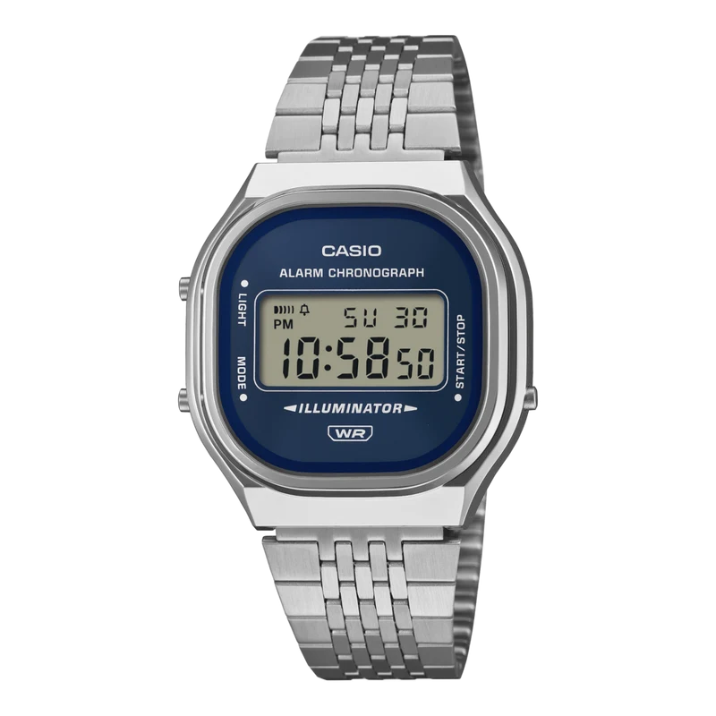 Casio Vintage A140WE-2AEF Armbanduhr Silber • Digitales Zifferblatt mit Sunray-Finish • Retro-Metall-Armband