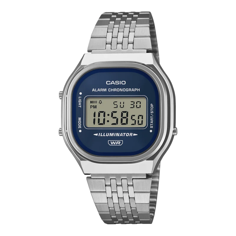 Casio Vintage A140WE-2AEF Armbanduhr Silber • Digitales Zifferblatt mit Sunray-Finish • Retro-Metall-Armband