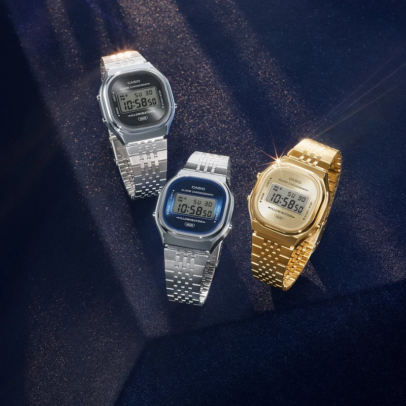 Casio Vintage A140WE-2AEF Armbanduhr Silber • Digitales Zifferblatt mit Sunray-Finish • Retro-Metall-Armband