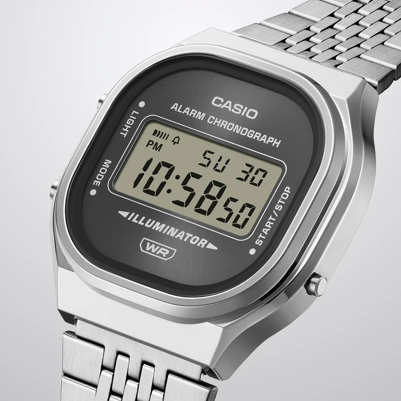 Casio Vintage A140WE-2AEF Armbanduhr Silber • Digitales Zifferblatt mit Sunray-Finish • Retro-Metall-Armband