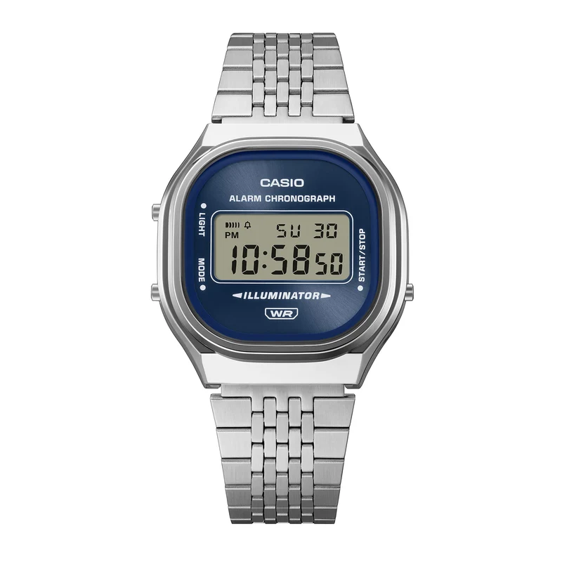 Casio Vintage A140WE-2AEF Armbanduhr Silber • Digitales Zifferblatt mit Sunray-Finish • Retro-Metall-Armband