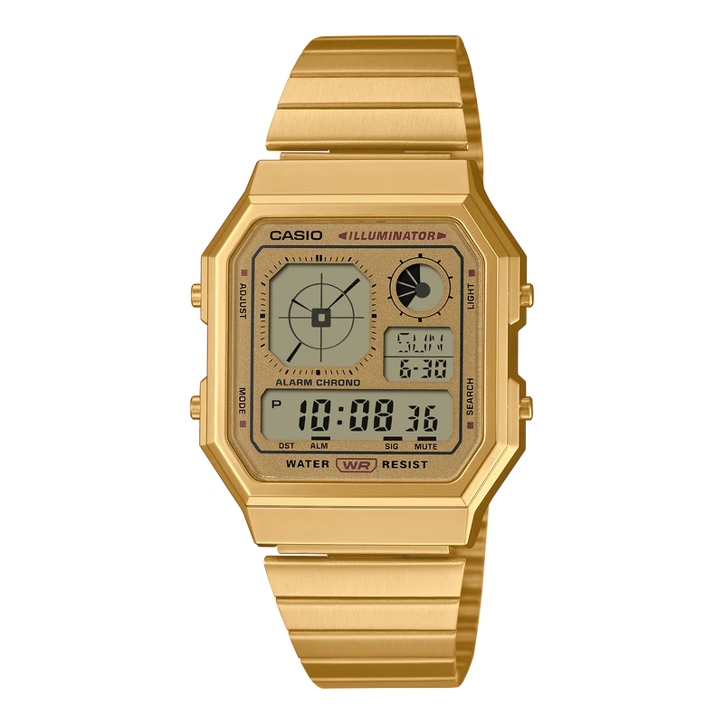 Casio Edgy A130WEG-9AEF Armbanduhr Gold • LCD mit Analoguhranzeige • Retro-futuristisches Design