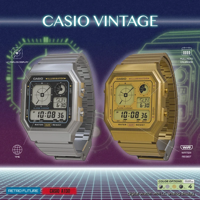 Casio Edgy A130WEG-9AEF Armbanduhr Gold • LCD mit Analoguhranzeige • Retro-futuristisches Design
