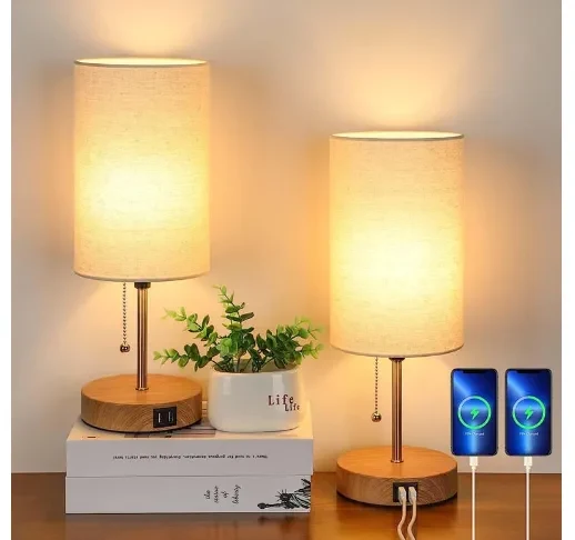 Tafellampen Set 2 Stuks met USB Oplaadpoort Grijs Metaal Trekschakelaar Nachtkastje Slaapkamer Bureau | Sansoti
