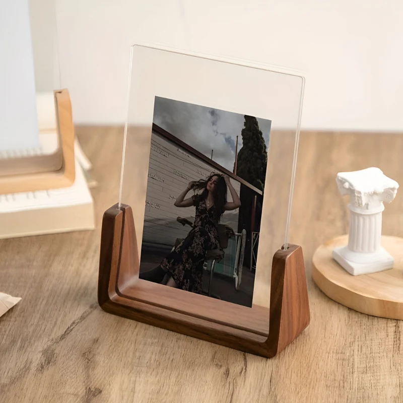 Houten Fotohouder met Acryl 6 Inch Staand Tafelmodel Verticaal Horizontaal Fotodisplay Walnoot Beuken | Sansoti