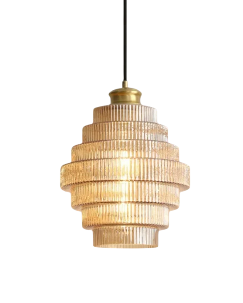Moderne trapsgewijze glazen hanglamp met gouden detail voor eetkamer en woonkamer – luxe design verlichting | Sansoti