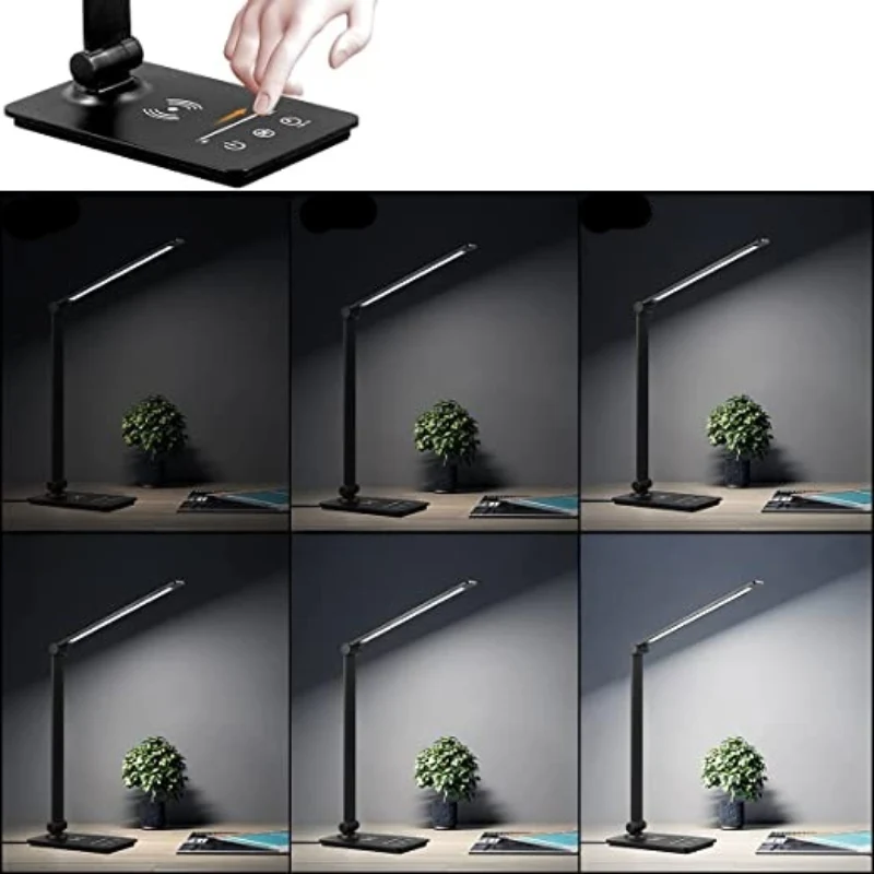 Bureaulamp met Draadloze Oplader Zwart – Dimbaar Leeslicht Touch Bediening 5 Lichtmodi Flexibele Arm | Sansoti