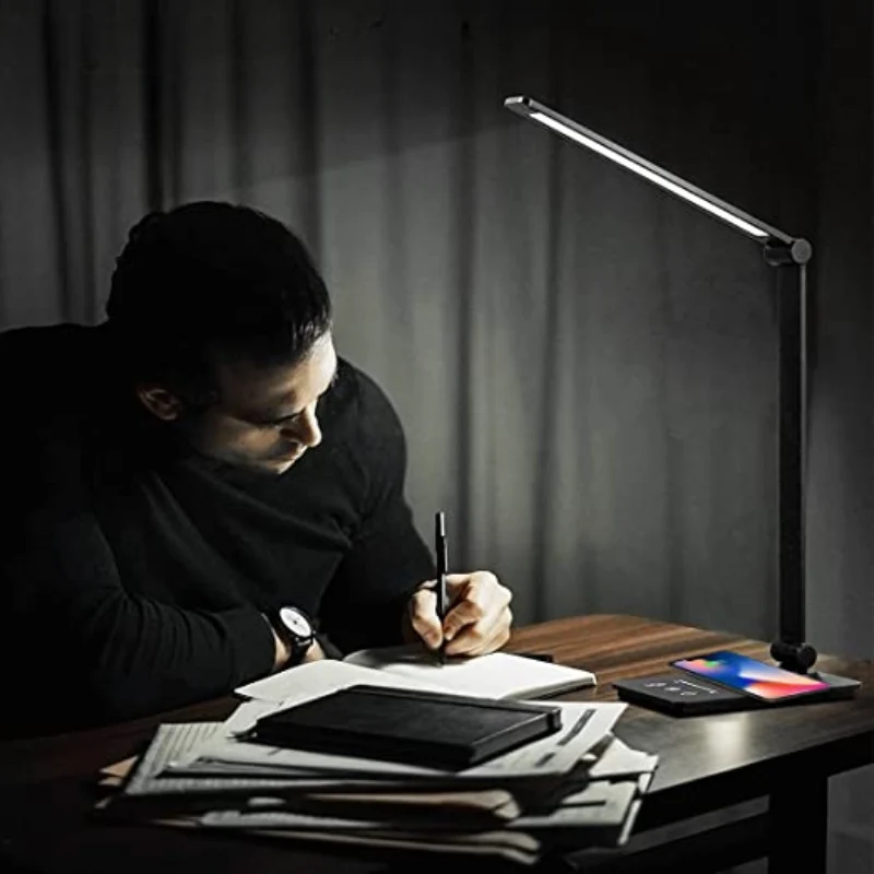 Bureaulamp met Draadloze Oplader Zwart – Dimbaar Leeslicht Touch Bediening 5 Lichtmodi Flexibele Arm | Sansoti