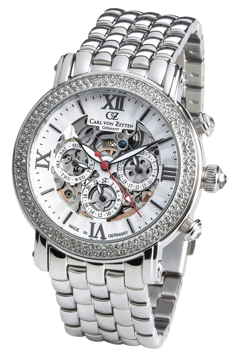 Carl von Zeyten Kniebis CVZ0062WHMS Damen Armbanduhr Silber • Automatik Skelettuhrwerk • Saphirglas