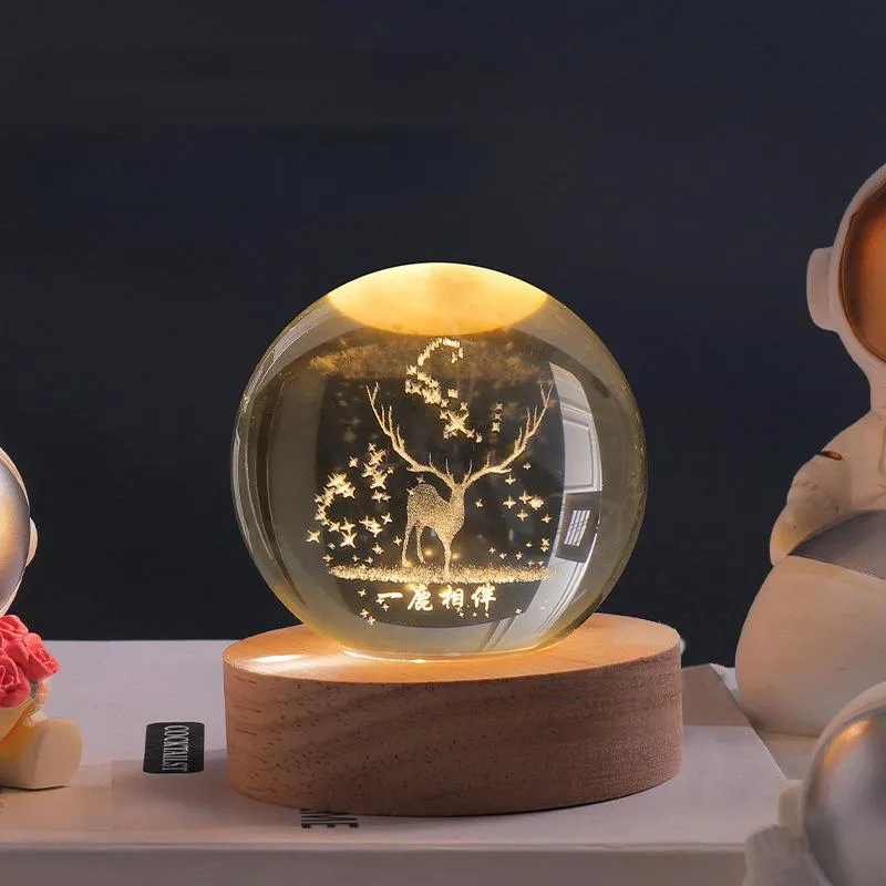Glazen Bol met LED Verlichting 7cm Kosmos Ontwerp Decoratieve Nachtlamp Houten Standaard USB Sfeerlamp | Sansoti