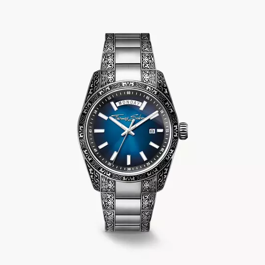 Thomas Sabo Rebel At Heart Revive WA0439-201-209 Herrenuhr Mitternachtsblau • Graviertes Edelstahlgehäuse • Saphirbeschichtetes Mineralglas