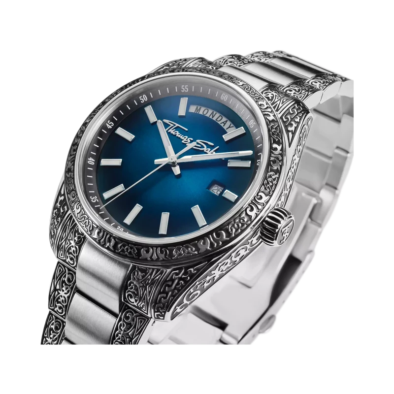 Thomas Sabo Rebel At Heart Revive WA0439-201-209 Herrenuhr Mitternachtsblau • Graviertes Edelstahlgehäuse • Saphirbeschichtetes Mineralglas