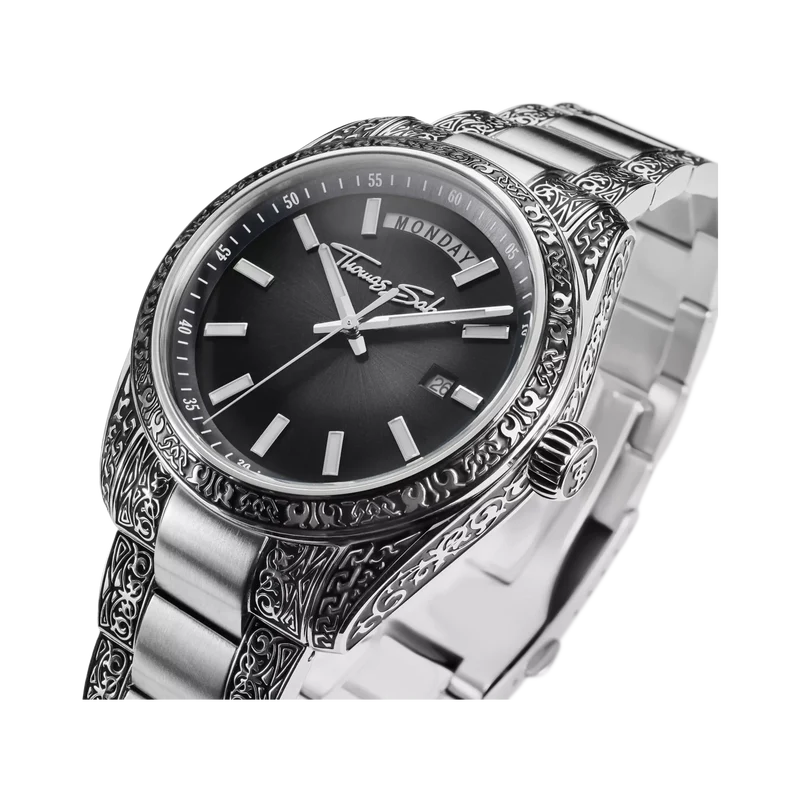 Thomas Sabo Rebel at Heart Revive WA0438-201-203 Herrenuhr Schwarz • Graviertes Edelstahlgehäuse • Saphirbeschichtetes Mineralglas