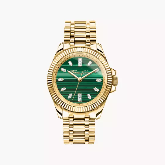 Thomas Sabo Divine Jewellery Stone WA0436 Damenuhr Goldfarben • Malachit-Zifferblatt mit Zirkonia-Indizes • Saphirbeschichtetes Mineralglas
