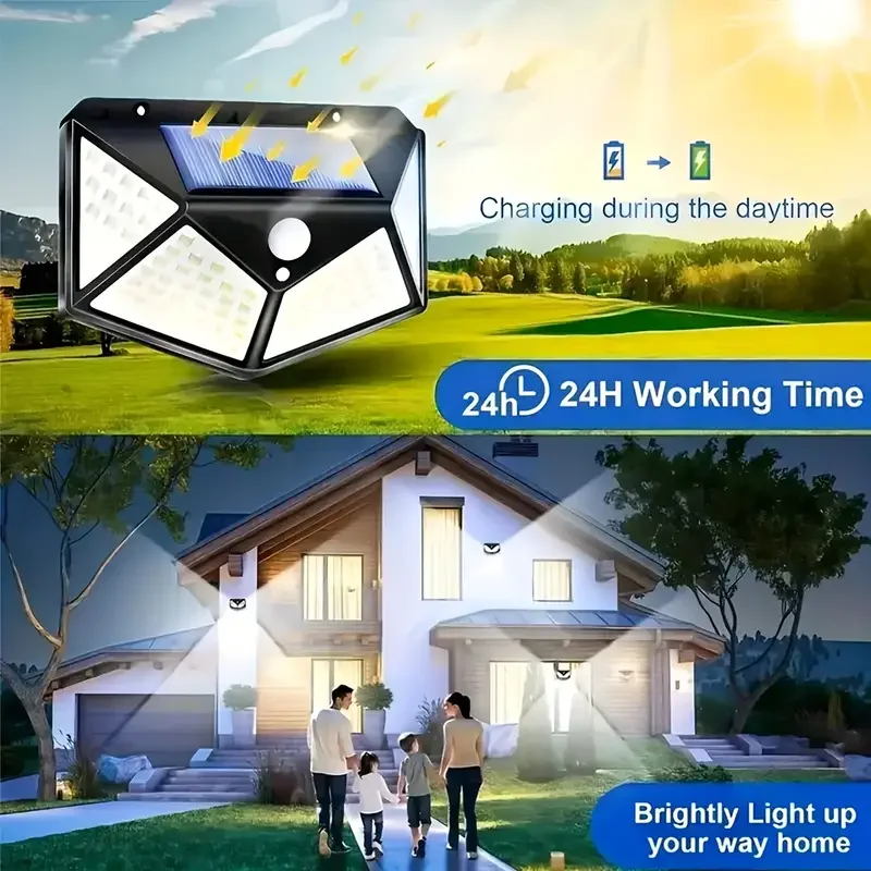 Zonne-energie Wandlamp Buiten 100 LED Bewegingssensor Waterdicht IP65 Zwart Veiligheidsverlichting Tuin | Sansoti