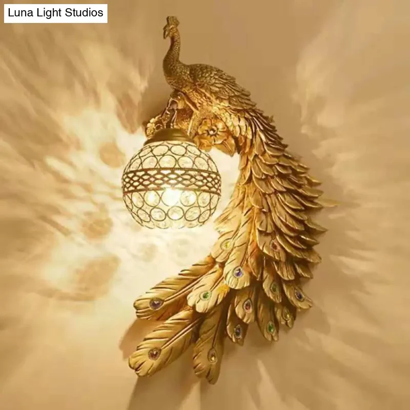 Wandlamp Pauw met Kristalglas Bol 46cm Sierlijke Hars Binnenwandverlichting Links Rechts Woonkamer Slaapkamer | Sansoti
