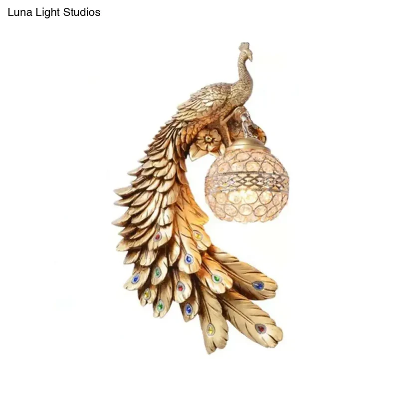 Wandlamp Pauw met Kristalglas Bol 46cm Sierlijke Hars Binnenwandverlichting Links Rechts Woonkamer Slaapkamer | Sansoti