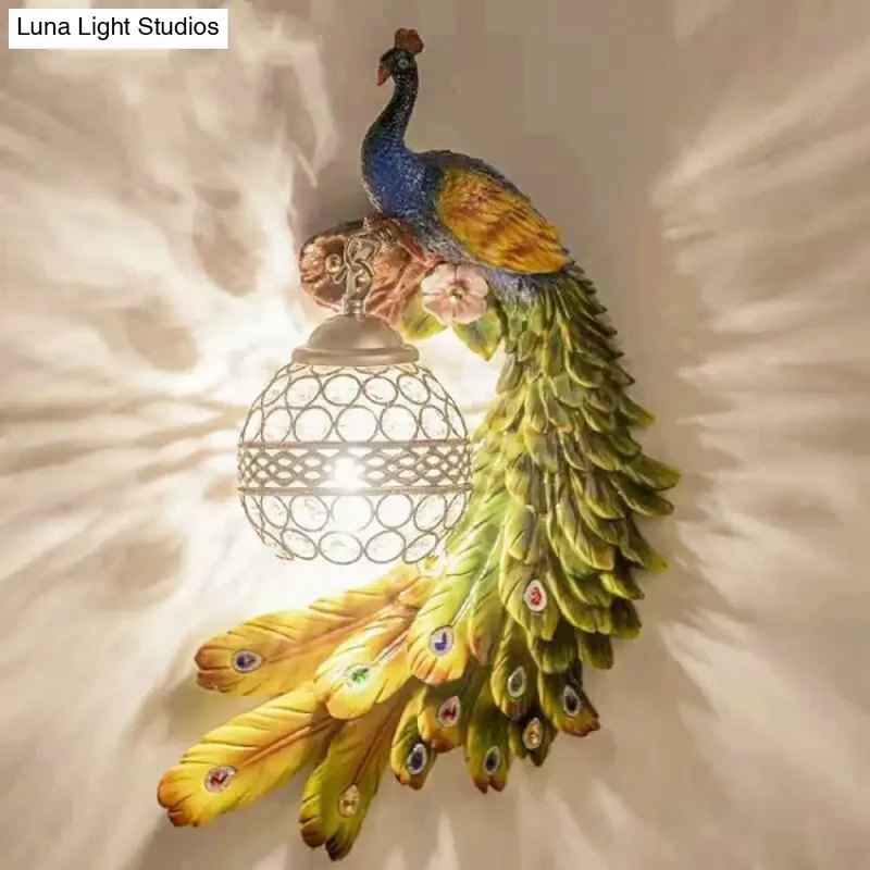 Wandlamp Pauw met Kristalglas Bol 46cm Sierlijke Hars Binnenwandverlichting Links Rechts Woonkamer Slaapkamer | Sansoti
