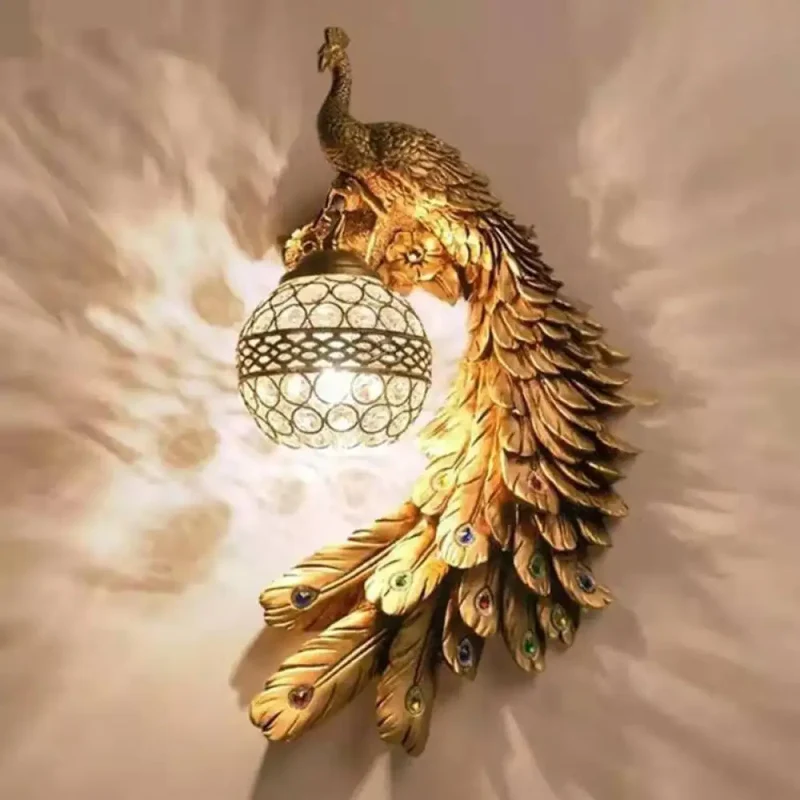 Wandlamp Pauw met Kristalglas Bol 46cm Sierlijke Hars Binnenwandverlichting Links Rechts Woonkamer Slaapkamer | Sansoti