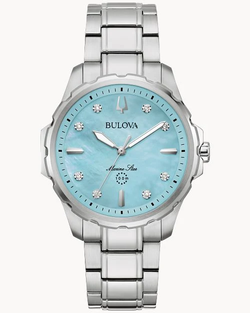 Bulova Marine Star 96P248 Damen Armbanduhr Blau • Saphirglas • 8 Diamanten