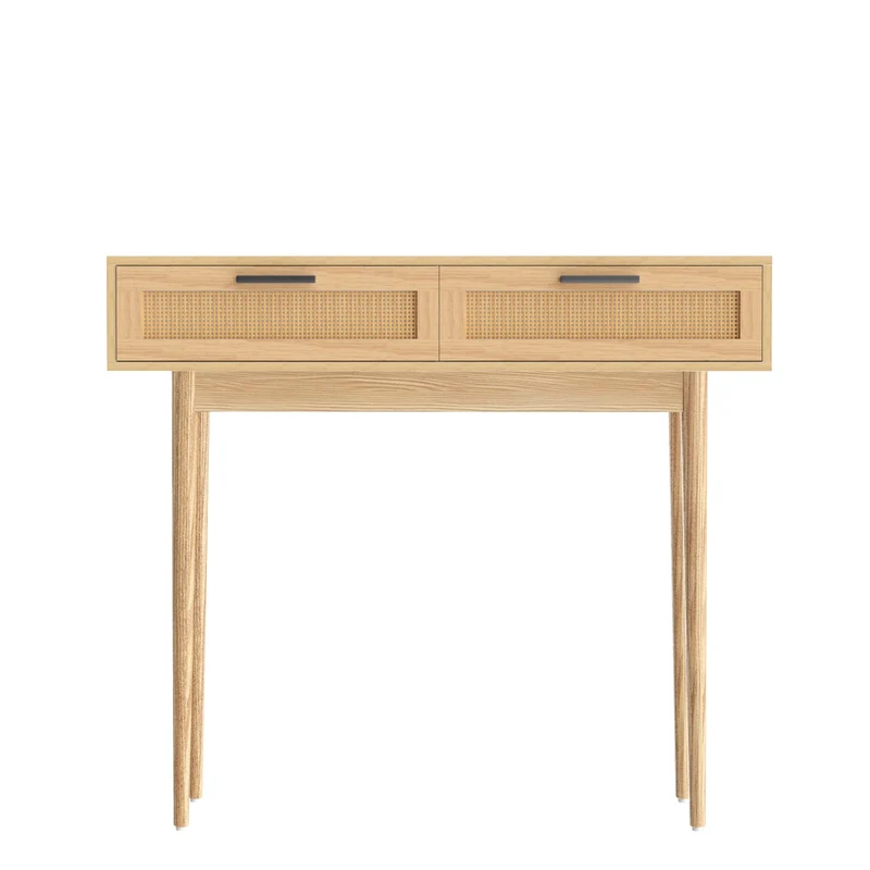 Console Tafel met Rotan Lades en Massief Houten Poten – Boho Haltafel 90 cm | Sansoti