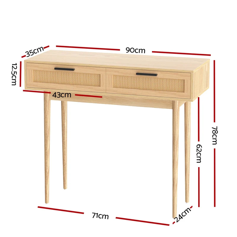 Console Tafel met Rotan Lades en Massief Houten Poten – Boho Haltafel 90 cm | Sansoti