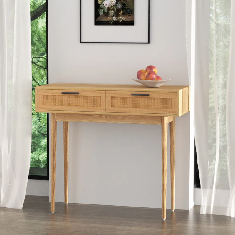 Console Tafel met Rotan Lades en Massief Houten Poten – Boho Haltafel 90 cm | Sansoti