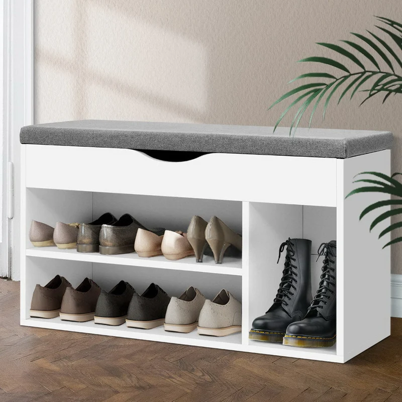 Schoenenbank met Opbergruimte en Zitkussen – Witte Schoenenkast voor 9 Paar 80 cm | Sansoti