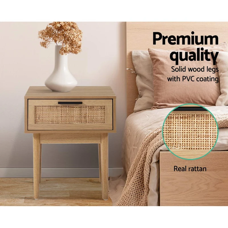 Nachtkastje met Rotan Lade en Houten Poten – Compact Boho Design 40 cm | Sansoti