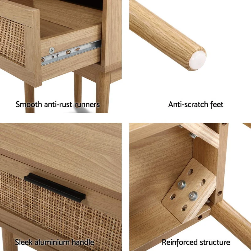 Nachtkastje met Rotan Lade en Houten Poten – Compact Boho Design 40 cm | Sansoti