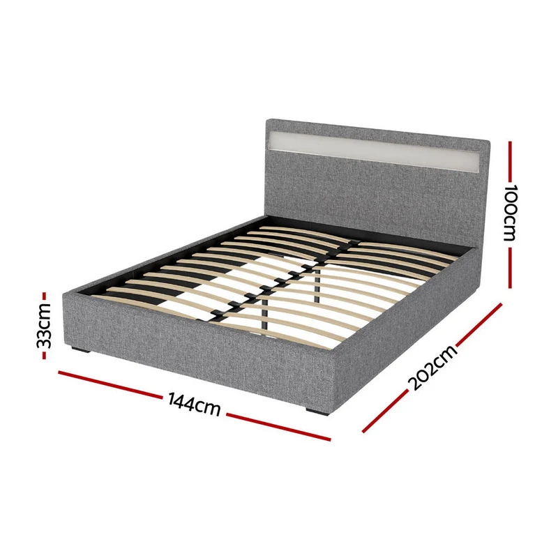 Tweepersoons Bedframe met Gaslift Opbergruimte en LED Hoofdbord – Grijs Gestoffeerd 140x190 cm | Sansoti