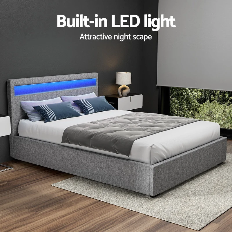 Tweepersoons Bedframe met Gaslift Opbergruimte en LED Hoofdbord – Grijs Gestoffeerd 140x190 cm | Sansoti