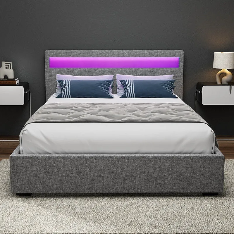 Tweepersoons Bedframe met Gaslift Opbergruimte en LED Hoofdbord – Grijs Gestoffeerd 140x190 cm | Sansoti