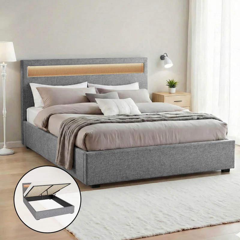 Tweepersoons Bedframe met Gaslift Opbergruimte en LED Hoofdbord – Grijs Gestoffeerd 140x190 cm | Sansoti