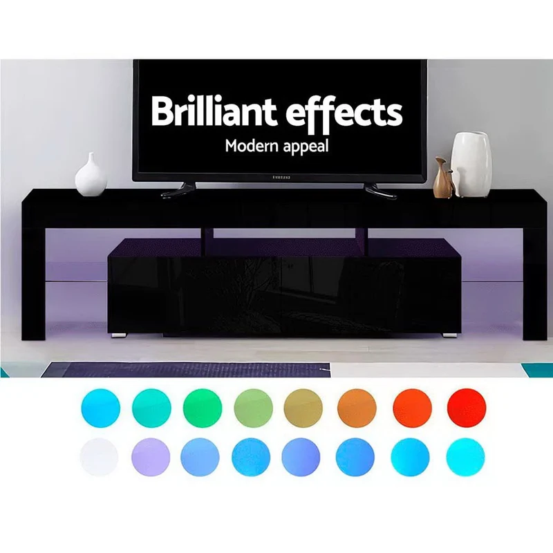 Moderne TV Meubel met RGB LED Verlichting 189 cm – Zwart Hoogglans Entertainment Unit met Lades en Glazen Plank | Sansoti
