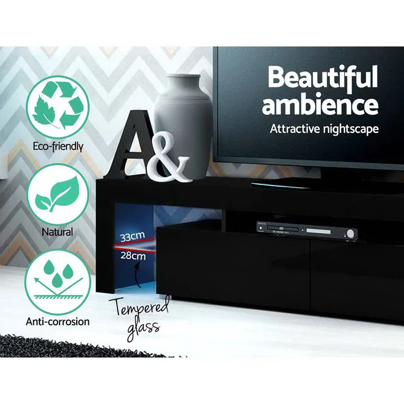 Moderne TV Meubel met RGB LED Verlichting 189 cm – Zwart Hoogglans Entertainment Unit met Lades en Glazen Plank | Sansoti