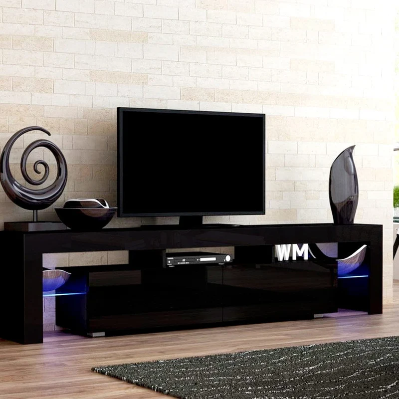 Moderne TV Meubel met RGB LED Verlichting 189 cm – Zwart Hoogglans Entertainment Unit met Lades en Glazen Plank | Sansoti