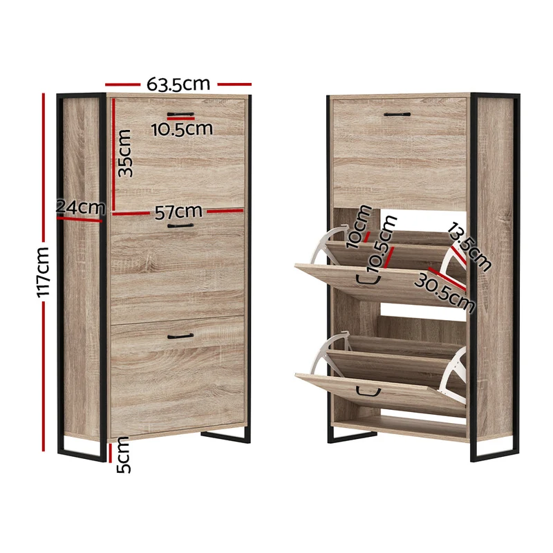 Schoenenkast met Organiser en 24 Paar Opbergcapaciteit – Houten Front en Metalen Frame | Sansoti