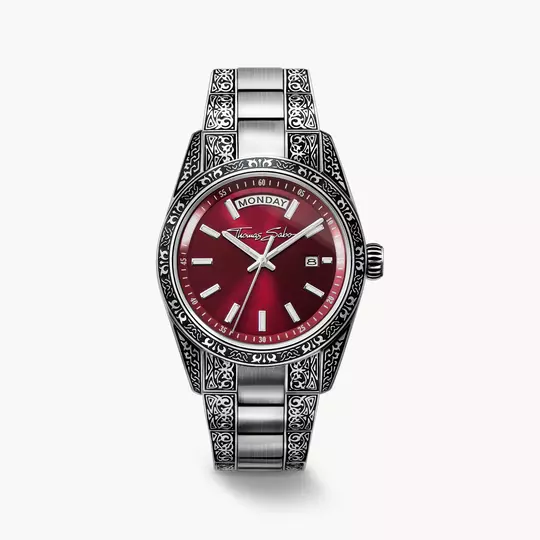 Thomas Sabo Rebel at Heart Revive WA0425-201-201 Unisex Armbanduhr Dunkelrot • Graviermuster-Design • 5 ATM wasserdicht