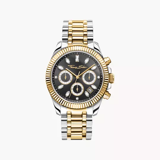 Thomas Sabo Divine Chrono WA0398-291-201 Damen Armbanduhr Schwarz-Gelbgold • Chronograph mit Zirkonia-Indizes • Mineralglas mit Saphirbeschichtung