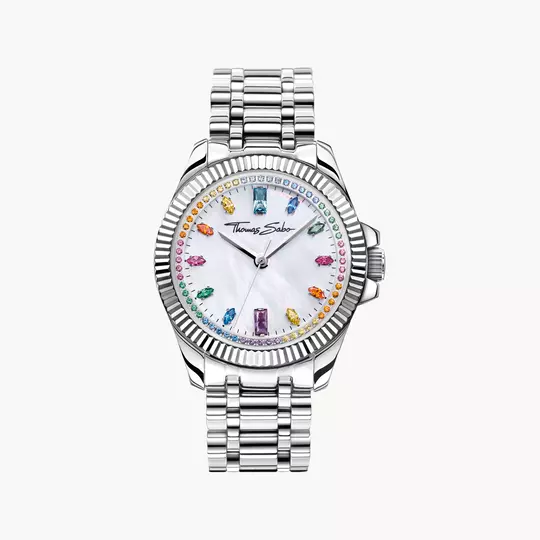 Thomas Sabo Divine Rainbow WA0394-201-201 Damenuhr Silber • Regenbogenfarbene Zirkonia-Steine • Mineralglas Saphirbeschichtet
