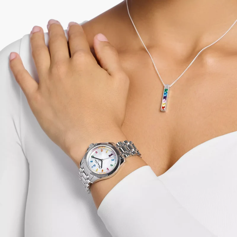 Thomas Sabo Divine Rainbow WA0394-201-201 Damenuhr Silber • Regenbogenfarbene Zirkonia-Steine • Mineralglas Saphirbeschichtet