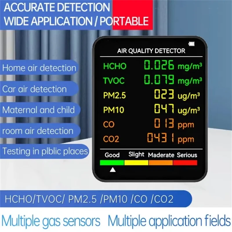 6-in-1 Luchtkwaliteitsmeter CO2 Temperatuur Vochtigheid PM2.5 PM10 TVOC Monitor Realtime Display Binnenklimaat | Sansoti
