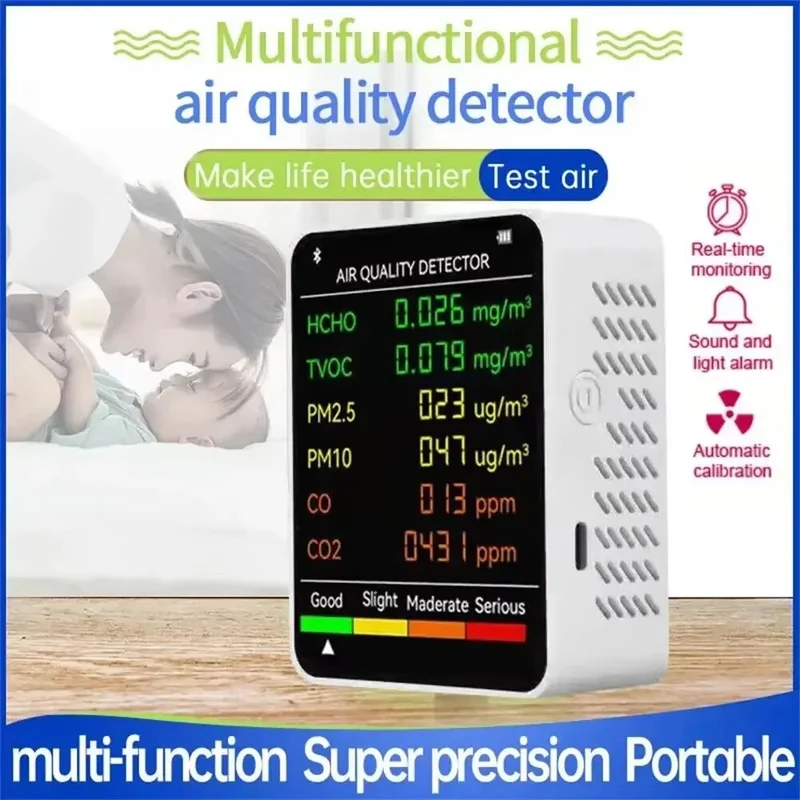 6-in-1 Luchtkwaliteitsmeter CO2 Temperatuur Vochtigheid PM2.5 PM10 TVOC Monitor Realtime Display Binnenklimaat | Sansoti